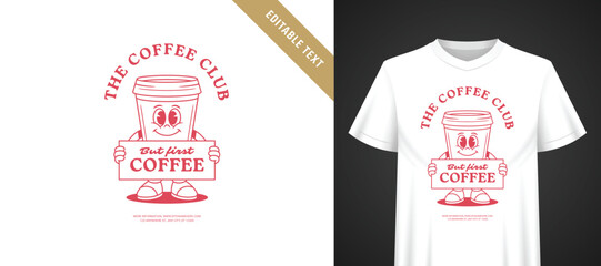 Naklejka premium Red line art cartoon takeaway coffee t-shirt template with editable text, friendly retro mascot holding sign with iconic morning coffee quote, warm community focused casual apparel artwork