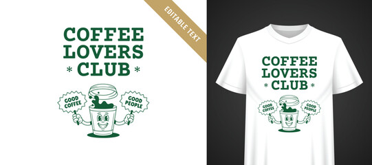 Naklejka premium Green cartoon splashing coffee t-shirt template with editable text, playful groovy retro mascot holding speech bubble signs, friendly community club vibe for group and cafe staff casual apparel