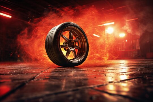 Performance tire surrounded by vibrant red flames on a dark racing track