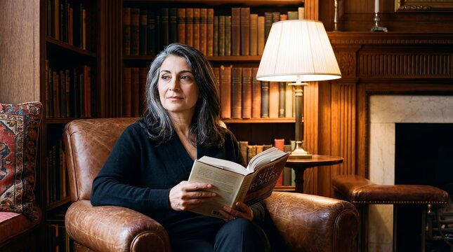 mature woman library reading book portrait culture learning indoors peaceful A confident older reader sits in a leather chair surrounded by shelves and holds an open novel for lifestyle campaigns
