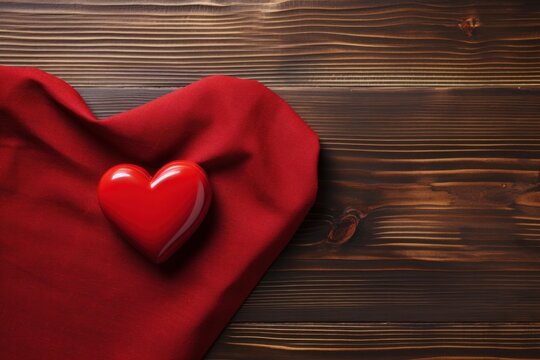Red heart resting on red fabric with a wooden background, symbolizing love and passion