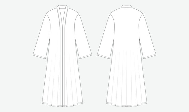 Muslim woman hijab front and back view, technical fashion flat sketch, longline Women's robe vector illustration.