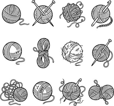Set of hand drawn yarn balls with knitting needles and crochet hooks vector illustration