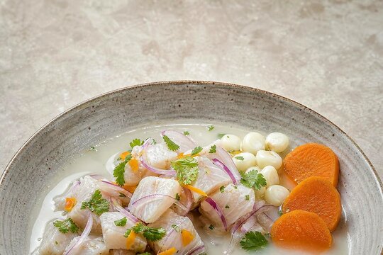 Overhead Corvina Chunks Cured Juice Onion - Regional Peruvian Ceviche Variations with Fresh Fish and Tiger's Milk Stock Photo