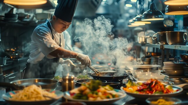 A Cinematic Portrait of a Master Chef in Deep Concentration, Searing Ingredients Amidst Swirling Steam and the Glow of Industrial Lights