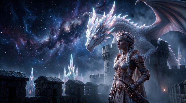 Epic fantasy portrait of a majestic queen and her dragon companion in a magical kingdom