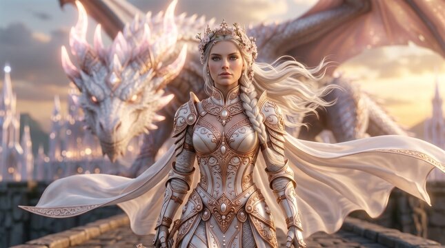 Epic fantasy portrait of a majestic queen and her dragon companion in a magical kingdom