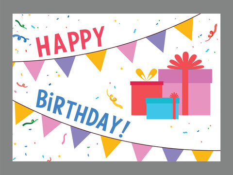 Birthday card with the inscription "Happy Birthday!", giftboxes, garlands, and confetti. Vector illustration
