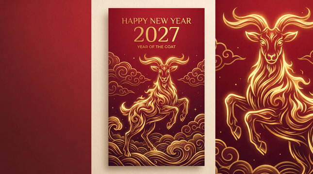 Happy New Year 2027. Chinese New Year 2027 Year of the Goat, Elegant Red and Gold Lunar New Year Greeting Design