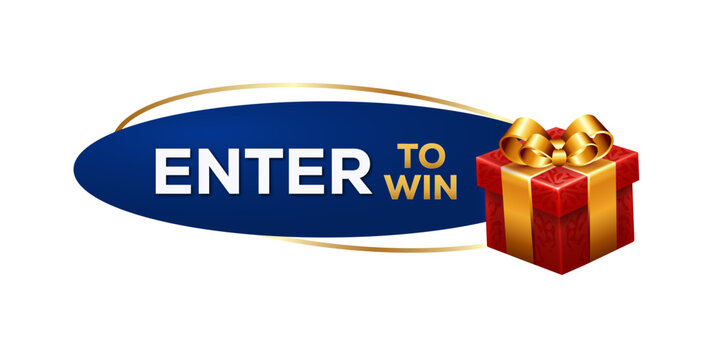 Enter to win banner template with 3D red gift box and oval blue badge with gold ring isolated on white background vector illustration