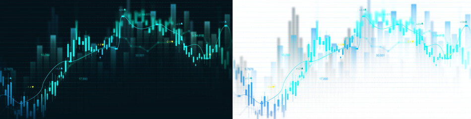 Fototapeta premium Financial transparent investment background featuring glowing blue market charts, candlesticks, trading data and economic growth trends.