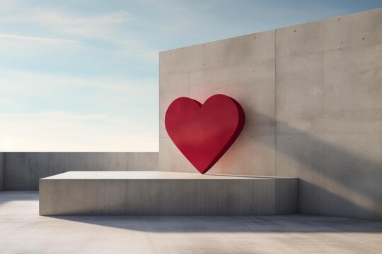 Red heart sculpture displaying love and emotion on a minimalist concrete background