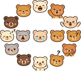 Fototapeta premium Cute Teddy Bear Emoji Face Icon Set with Various Expressions and Emotions for Chat Stickers and Digital Designs