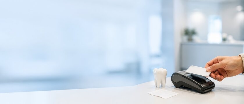 Hand holding a card reader for dental payment in a contemporary clinic featuring a tooth model on the counter