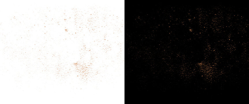 Rusty metal texture overlay, vintage corrosion dust effect on white and black backgrounds, grunge rust speckles for graphic design
