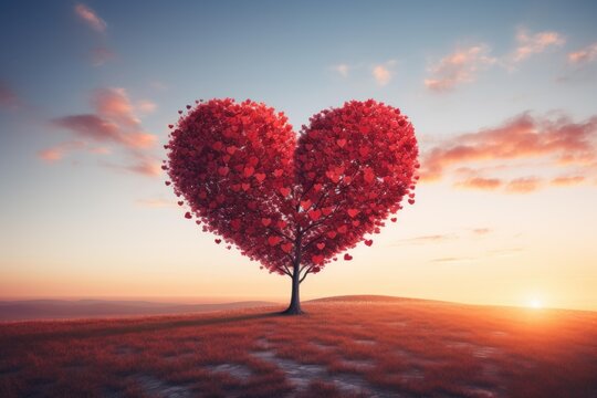 Heart tree with red leaves standing on a hill during a colorful sunset