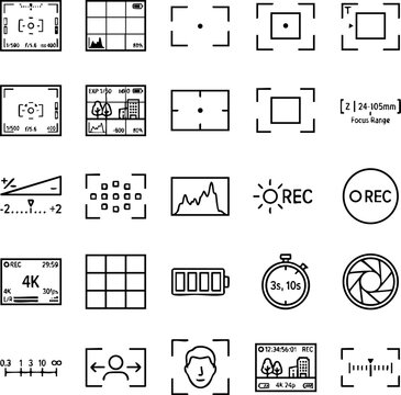Set of digital camera settings and viewfinder interface vector icons with exposure meter