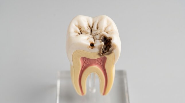 A detailed 3D model of a molar tooth showing severe decay and cavities affecting both the outer enamel and inner dentin layers.