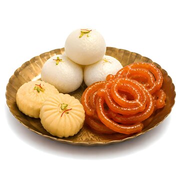 Traditional Indian sweets assortment with rasgulla sandesh and crispy jalebi served on brass plate isolated on white background
