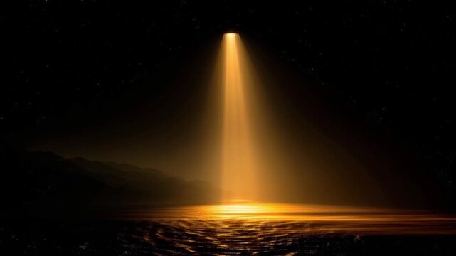 A mysterious orange light beam pierces the darkness from a distant source, illuminating the textured ground below. ..Created with Generative AI, not depicting real subjects.