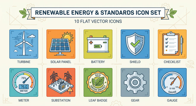 Icon set for renewable energy standards: ISO, IEC, IEEE, audit, safety, quality, O&M, certification.