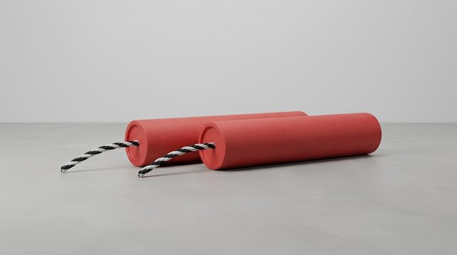 Two red dynamite sticks with fuses lying on a gray surface.