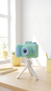 Pastel Mint Green 3D Camera on White Mini Tripod Workspace Desk