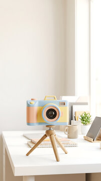 Pastel 3D Camera on Wooden Tripod Desk with Art Supplies