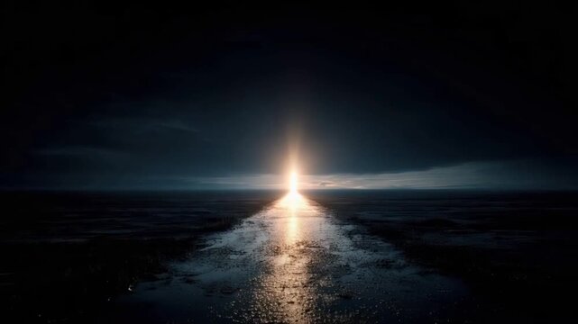 A path illuminated by a radiant light stretches across a dark, reflective surface, symbolizing hope and a journey into the unknown. ..Created with Generative AI, not depicting real subjects.