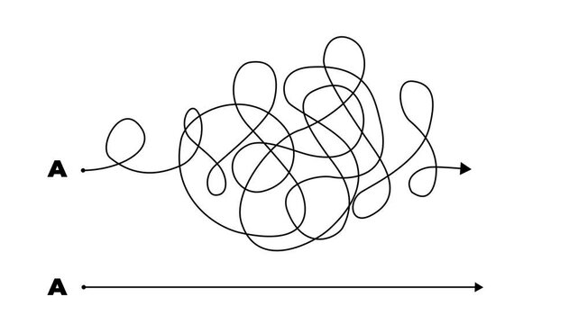 Complex and easy way from point A to B. hand drawn doodle scribble chaos path lines. kids tracing paths, Motion graphics of line direction concept.4k motion graphics video