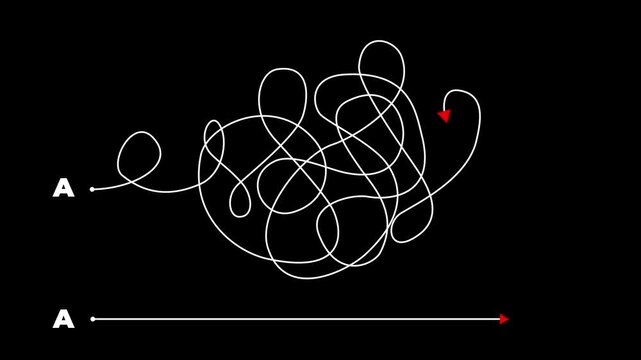 Complex and easy way from point A to B. hand drawn doodle scribble chaos path lines. kids tracing paths, Motion graphics of line direction concept.4k motion graphics video