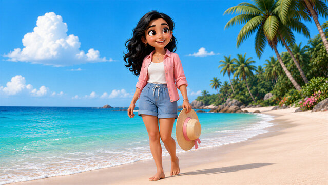 Cute 3D women Waving on a Sunny Tropical Beach During Summer Vacation