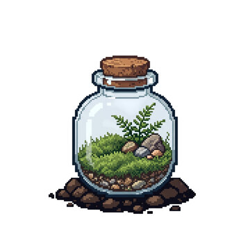 Pixel art terrarium in a glass jar with cork stopper, plant illustration
