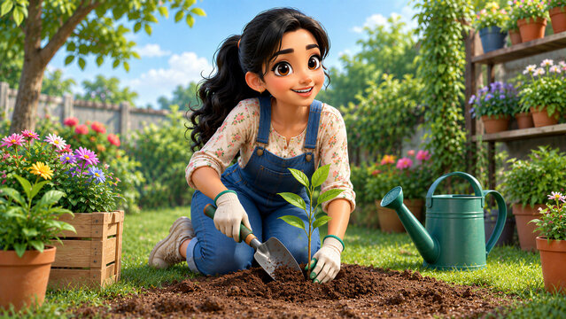 Cute 3D Young Woman Gardening and Planting a Seedling in a Home Garden