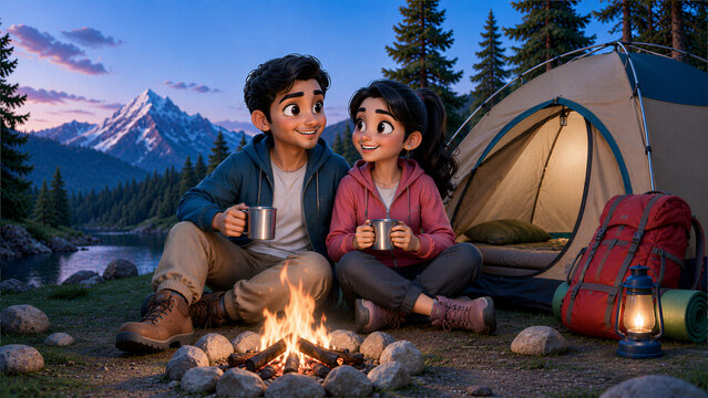 3D Young Couple Camping by a Campfire at a Mountain Lake