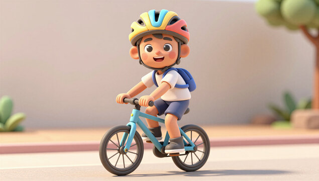 Happy 3D Young Boy Cycling on a Bicycle During Outdoor Adventure
