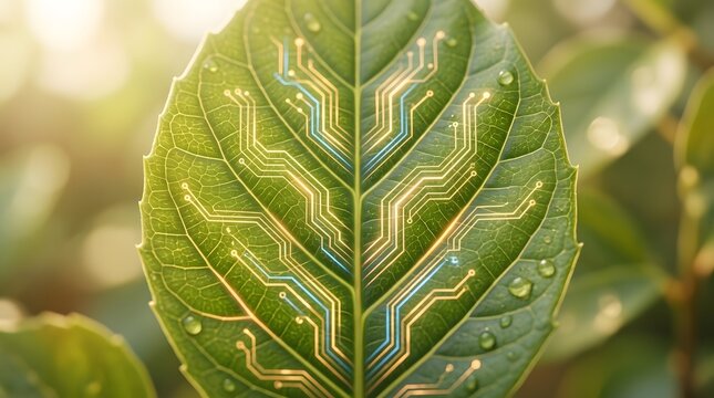Green leaf with glowing digital circuit lines representing biotechnology and sus - High Quality Commercial Stock Visual