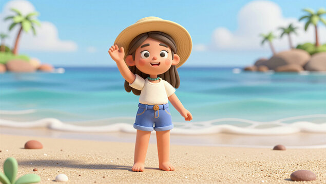 Cute 3D Girl Waving on a Sunny Tropical Beach During Summer Vacation