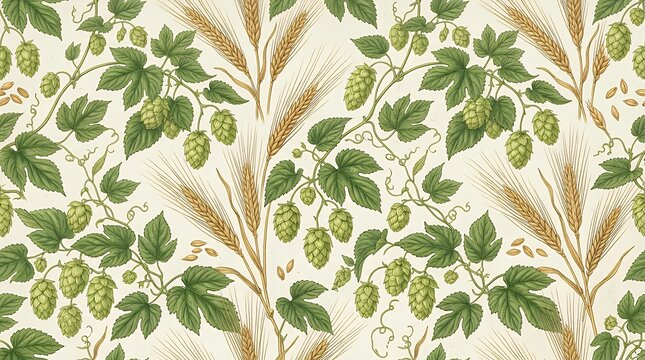 Botanical Brewing Ingredients Seamless Pattern Showing Hops and Malt Plants malt cone hop seamless pattern ingredients brewing beer white print black background plant barley wheat grain harvest ale
