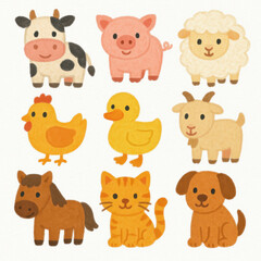 Fototapeta premium Cute farm animal clipart set with cow pig sheep chicken duck goat horse cat and dog in soft pastel colors perfect for cheerful and playful designs