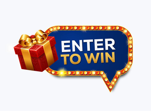 Vintage Vegas style enter to win giveaway banner featuring red gift box with gold bow and marquee light speech bubble vector graphic