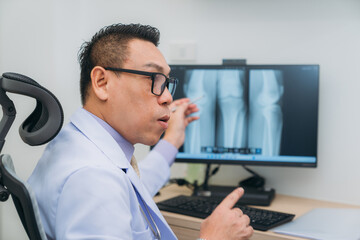 Fototapeta premium An orthopedic doctor explains the patient's bone condition using an X-ray plate, guiding them through the diagnosis and treatment options