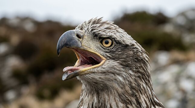 Regal Sea Eagle Vocalizing Close Up Portrait Detailed Headshot of Majestic Apex Raptor Calling Out Outstretched Beak and Piercing Eye eagle bird raptor prey screaming calling open beak portrait