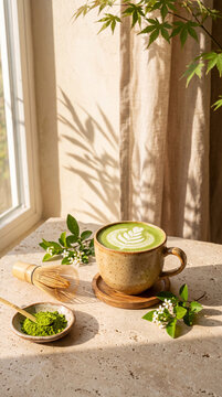 Matcha latte with foam art, green tea powder and bamboo whisk on a stone table by a window with warm natural sunlight and botanical decor.
