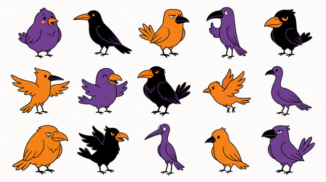 Whimsical cartoon crows and ravens in various playful poses during a vibrant daytime scene with a clean background