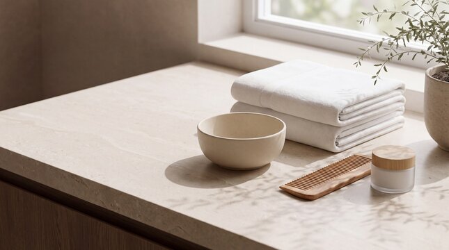 Stacked towels with empty bowl and comb on sunny stone vanity
