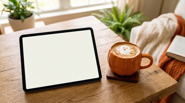 A cozy wooden table holds a blank tablet and a pumpkin-themed latte next to a window with houseplants and a soft blanket in the background.