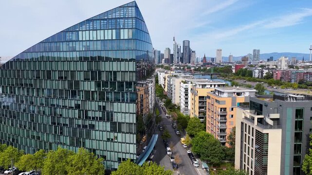 Frankfurt Skyline In Hesse Germany. Highrise Buildings. Downtown City. Meno River. Frankfurt Skyline In Frankfurt In Hesse Germany. Beautiful Cityscape. Europe Landscape.