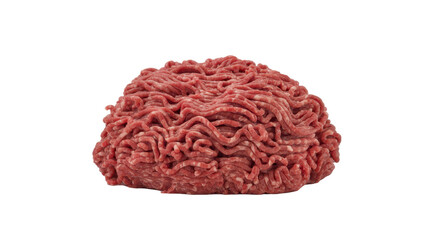 Obraz premium A rounded mound of raw ground beef mince with a detailed fibrous texture isolated on a clean white background, for food