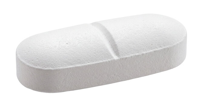 White oblong tablet with a central score line isolated on transparent background. Medication, pharmacy, medical treatment, supplement and healthcare concept.